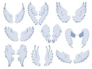 White angel wings. Cartoon holy heaven elements, bird feathers, flying objects, dove of peace parts, different positions, spans, beautiful flight animals, freedom and heaven vector isolated set
