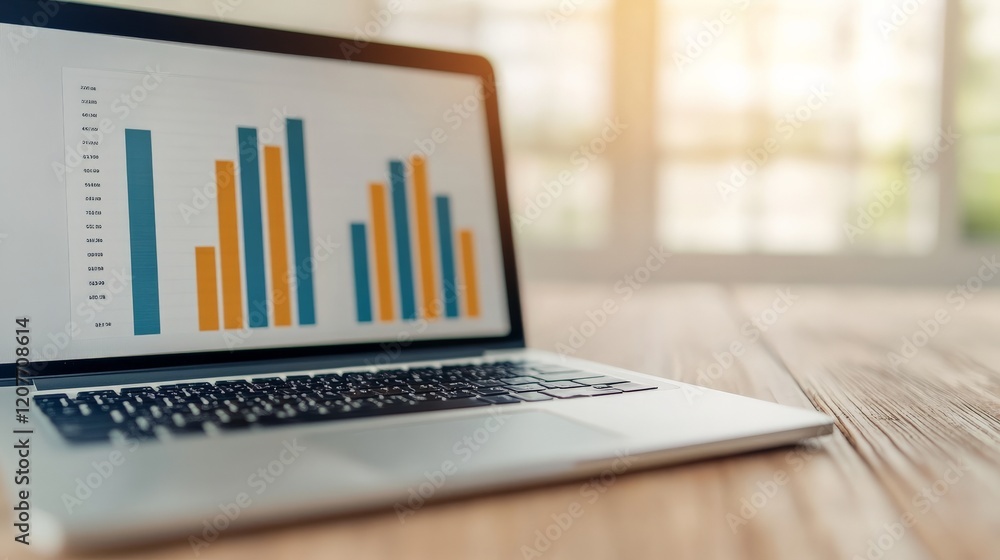 Poster data insights on display: a close-up of a laptop screen displaying a colorful bar graph, suggesting 