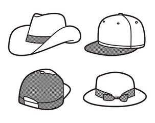 black and white picture, four types of hats
