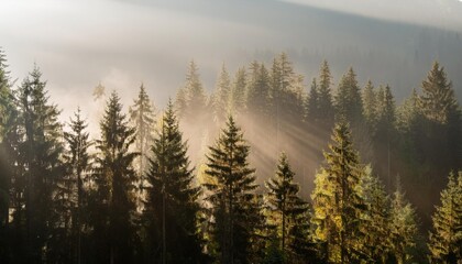  Sunbeams Illuminate Misty Forest With Tall Trees