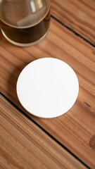 Blank white round beer coaster mockup on wooden table, isolated, blank