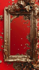 Vibrant Red Backdrop Featuring Ornate Golden Frame Surrounded by Decorative Elements for Chinese New Year Celebrations