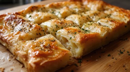 Homemade golden potato cheese pie with crispy crust placed on a rustic wooden cutting board, garnished with herbs and spices.