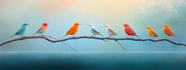 Diverse bird species perched on wetland trees, harmonious and colorful, ecological diversity message