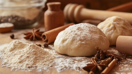 Fototapeta premium Rustic Kitchen Scene Featuring Homemade Fresh Dumplings on Wooden Counter Surrounded by Flour, Spices, and Rolling Pin in Warm Tones