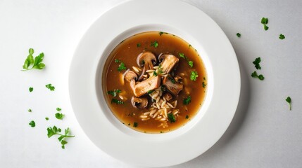 Overhead view of mushroom soup with orzotto in a white bowl, garnished with parsley on a light background.