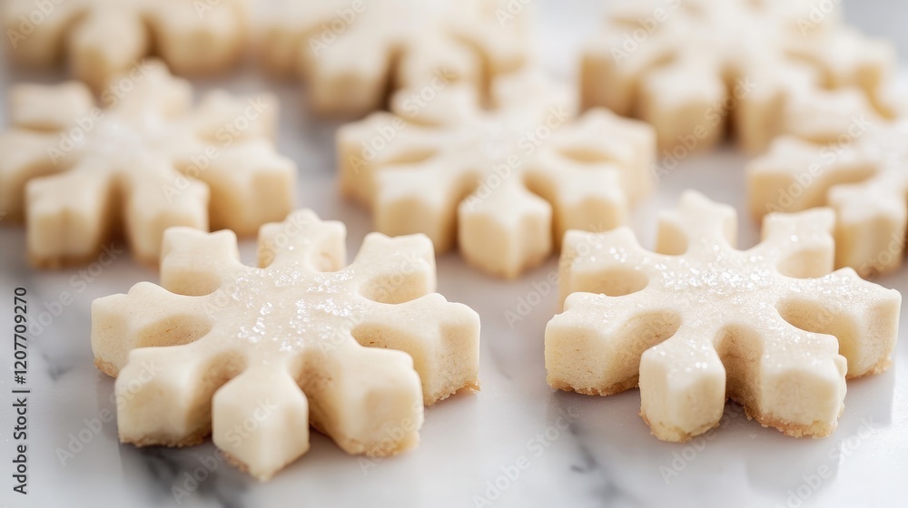 Poster delicate homemade shortbread cookies in snowflake shapes on a marble countertop with a soft focus, f