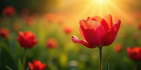 Obraz premium Soft red petals unfolding in morning sunlight, sunbeam, dewy