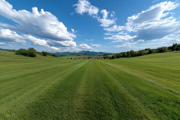 Obraz premium An expansive view of rolling green fields dotted with grazing cows, set against a backdrop of distant hills under a vibrant blue sky filled with fluffy white clouds.