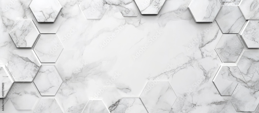 Poster hexagonal white and grey marble background texture featuring empty central space for text use with e