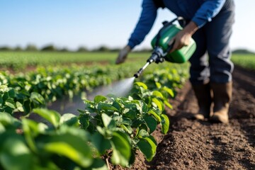 A focused view of a person manually spraying plants with a green container, showcasing modern agricultural practices and dedication to crop health and growth.