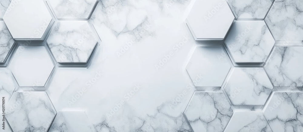 Poster elegant hexagonal white and grey marble background with textured tiles, featuring a blank central sp