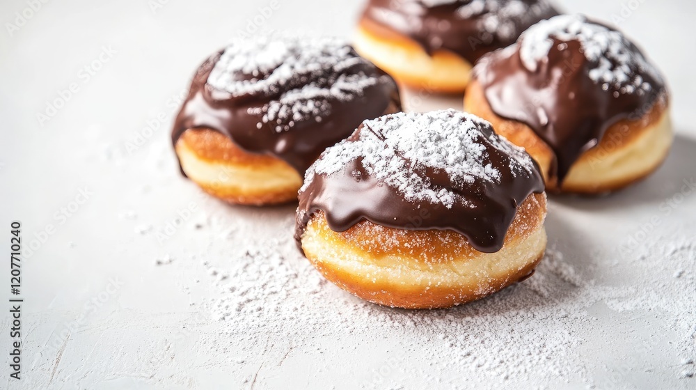 Poster fried doughnuts with glossy chocolate icing and dusted with powdered sugar arranged on a soft white 