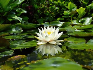 Botanical illustration of white water lily in calm pond, artistic style, blossom, calm, illustration, pond, botanical