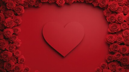 Heart Shape Surrounded by Red Roses on Bold Red Background, Perfect for Celebrating Love, Romance, Valentine's Day, and Special Occasions with Floral Aesthetics