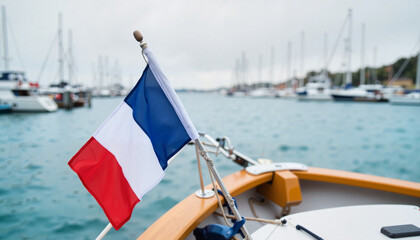 French flag on a boat at a marina on a cloudy day Bastille Day