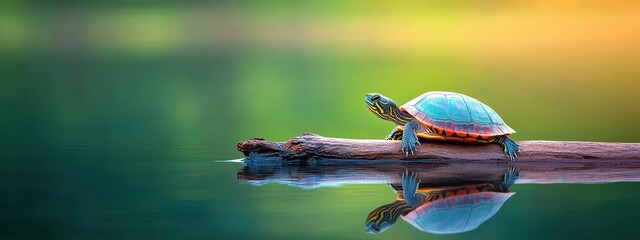 Naklejka premium Turtle basking on a log surrounded by calm waters, vibrant green environment, symbolic of wetland life