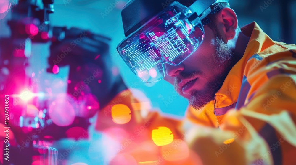 Poster industrial engineer wearing augmented reality glasses is working in a futuristic factory, interactin