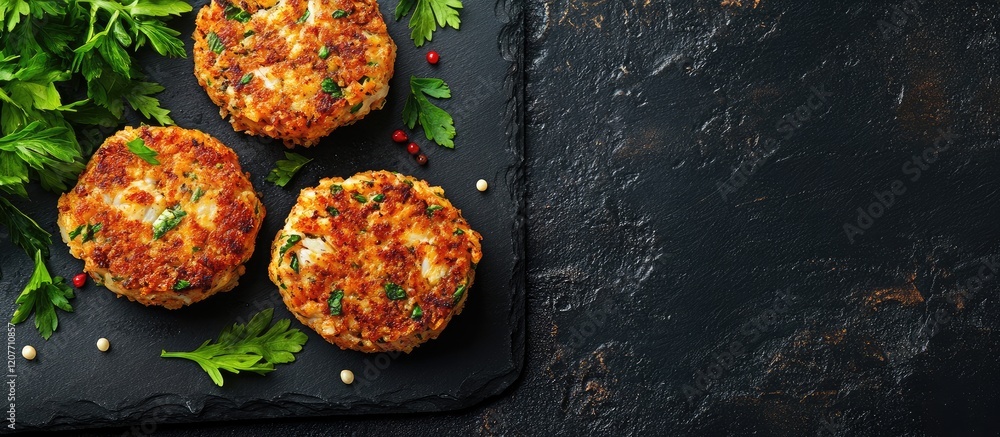 Poster herb and spice crab cakes on a dark slate serving board with fresh green parsley and empty space for