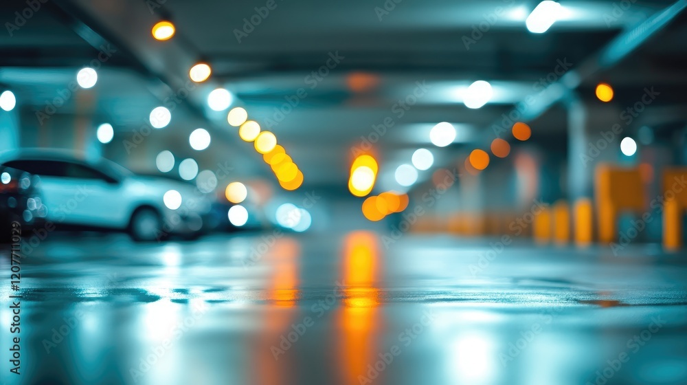 Poster indoor parking lot with blurred background and bokeh lighting creating a modern urban atmosphere wit