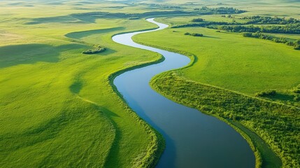 Aerial view of interconnected wetland habitats, intricate waterways, green tones, promoting ecological importance