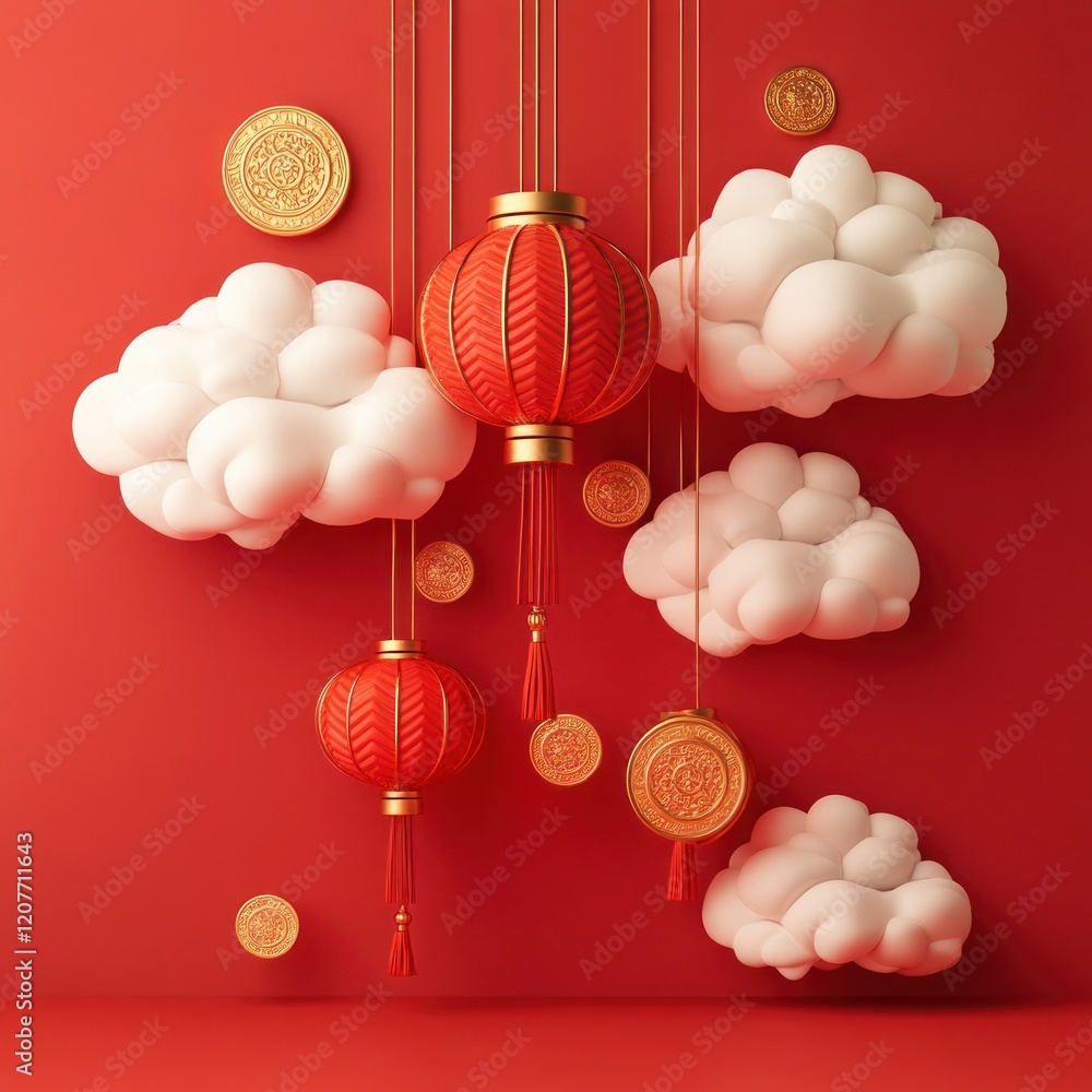 Poster red lanterns and clouds on red background.