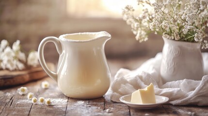 Natural shortcrust pastry ingredients in a white jug with butter on a plate and floral arrangement on a wooden table, soft sunlight ambiance.