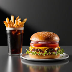 Burger, french fries, cola drink on black background. Takeaway food. Fast food.