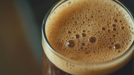 Rich dark beer with frothy caramel foam in a clear glass, close-up shot highlighting bubbles and texture against a blurred warm background.