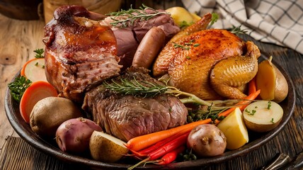 Hearty Peruvian pachamanca with roasted meats, potatoes, and vegetables cooked underground, served on a rustic platter with herb garnish