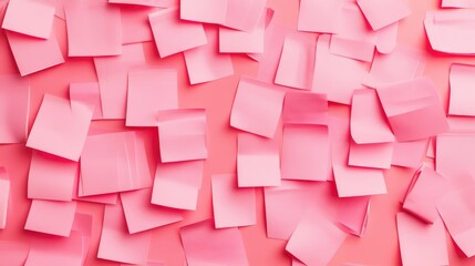 Colorful workspace background filled with pink sticky notes for reminders and creative ideas in a home office setup