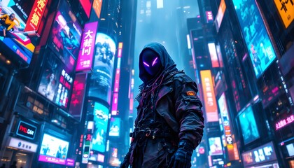 Fototapeta premium Cyberpunk City Rain: Neon-lit Streets and a Mysterious Figure