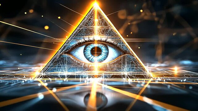 All Seeing Eye Symbol Glowing Pyramid with Light Beams
