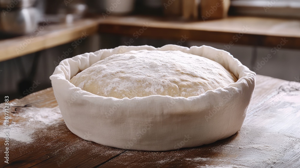 Poster homemade round sourdough bread loaf resting in a fabric-lined proofing bowl on a rustic wooden table