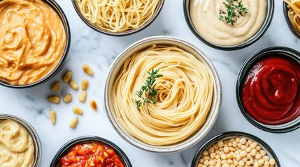 Homemade mung bean pasta in a white bowl garnished with pine nuts and thyme on a marble surface surrounded by various sauces and noodles in black bowls.