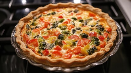 Vegetable quiche featuring Brussels sprouts, spinach, and colorful bell peppers, arranged in a glass pie dish on a stovetop.