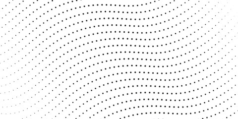 Flowing dots particles wave pattern 3D curve halftone black gradient curve shape isolated on white background.