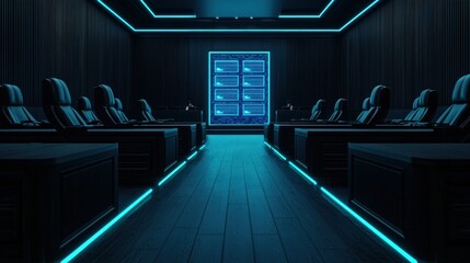 Data protection law and firewall, A sleek, futuristic room illuminated by blue neon lights, featuring reclining chairs and a prominent glowing door.