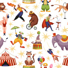 Circus show performers and animals seamless pattern. Chapiteau artists, circus tent, clown, strongman, magician. Textile, wrapping, wallpaper design. Print for fabric, tidy vector background © YummyBuum