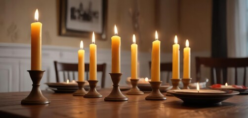 Candles in a dining room with soft light and shadows, relaxing ambiance, soft light