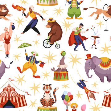 Fototapeta Circus show performers and animals seamless pattern. Chapiteau artists, circus tent, clown, strongman, magician. Textile, wrapping, wallpaper design. Print for fabric, tidy vector background
