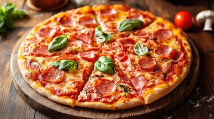 Freshly baked pizza on a wooden pizza peel topped with ham, basil, and vibrant vegetables, set against a rustic wooden table background.