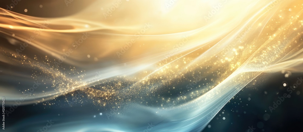 Poster radiant golden and blue silky waves with soft light beams creating an ethereal background and genero