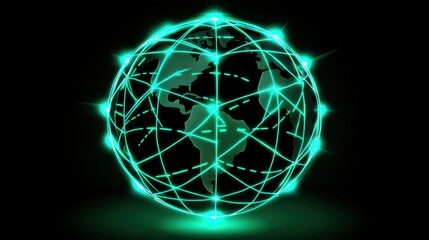 Globe with neon grid overlay, holographic style, connecting lights in cyan, dark backdrop, high-resolution illustration 