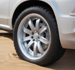 Obraz premium Car driving on the beach with silver aluminum wheel rims in the sand , pfirsichbeach, silberneFelge