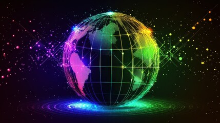 Obraz premium Globe with neon grid overlay, holographic style, connecting lights in cyan, dark backdrop, high-resolution illustration 
