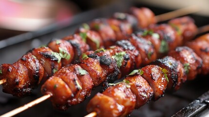 Authentic Indian street food skewers sizzling on the grill garnished with fresh herbs and spices capturing traditional culinary culture.