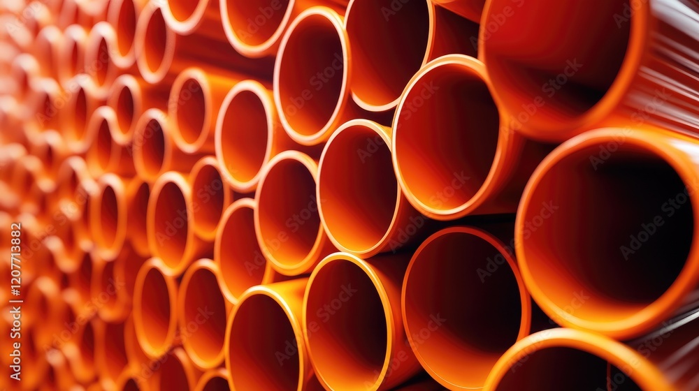 Poster stack of vibrant orange industrial tubes arranged in a structured pattern showcasing a creative back