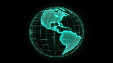 Globe with neon grid overlay, holographic style, connecting lights in cyan, dark backdrop, high-resolution illustration 