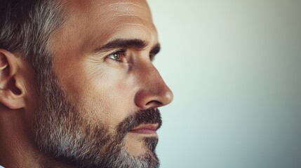 Obraz premium Close up profile of a middle aged man with a youthful complexion and beard, focused and pensive against a soft blurred background in neutral tones.